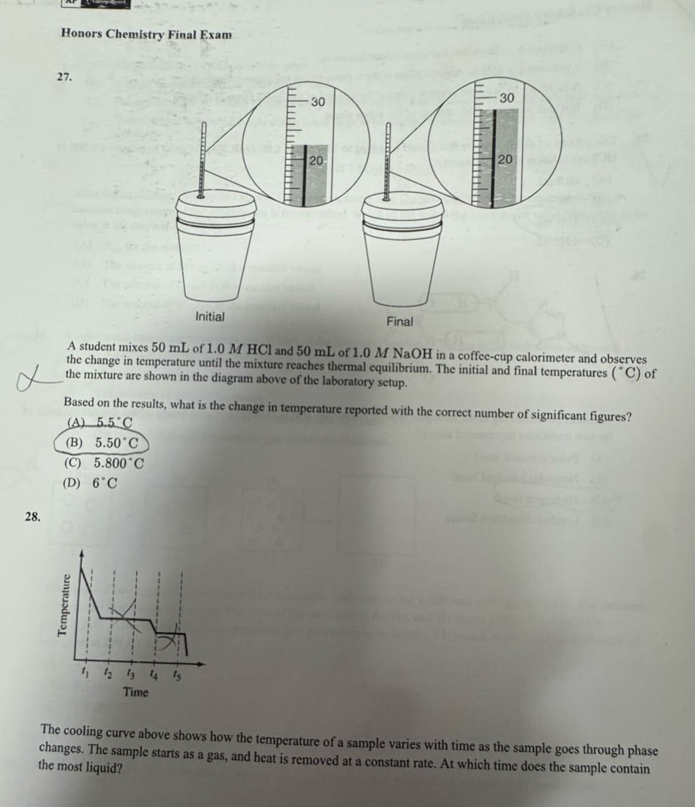 honors chemistry final exam\n27.\na student mixes 50 ml of 1.0 m hcl and 50 ml of 1.0 m naoh in a coffee - cup calorimeter and observes the change in temperature until the mixture reaches thermal equilibrium. the initial and final temperatures (°c) of the mixture are shown in the diagram above of the laboratory setup.\nbased on the results, what is the change in temperature reported with the correct number of significant figures?\n(a) 5.5 °c\n(b) 5.50 °c\n(c) 5.800 °c\n(d) 6 °c\n28.\nthe cooling curve above shows how the temperature of a sample varies with time as the sample goes through phase changes. the sample starts as a gas, and heat is removed at a constant rate. at which time does the sample contain the most liquid?