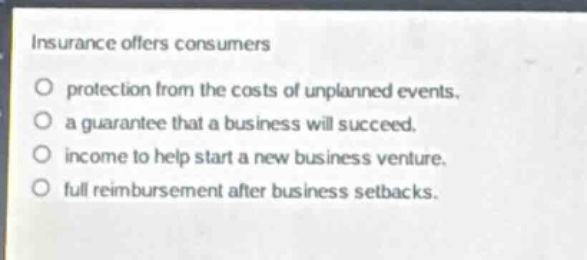 insurance offers consumers\no protection from the costs of unplanned events.\no a guarantee that a business will succeed.\no income to help start a new business venture.\no full reimbursement after business setbacks.
