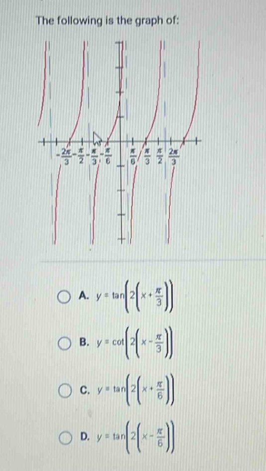 the following is the graph of:\na. $y = \\tan\\left(2\\left(x+\frac{\\pi}{3}\\right)\\right)$\nb. $y = \\cot\\left(2\\left(x - \frac{\\pi}{3}\\right)\\right)$\nc. $y = \\tan\\left(2\\left(x+\frac{\\pi}{6}\\right)\\right)$\nd. $y = \\tan\\left(2\\left(x - \frac{\\pi}{6}\\right)\\right)$