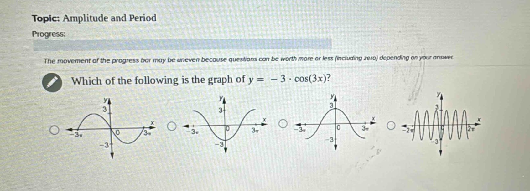 topic: amplitude and period\nprogress:\nthe movement of the progress bar may be uneven because questions can be worth more or less (including zero) depending on your answer.\nwhich of the following is the graph of $y = - 3cdotcos(3x)$?