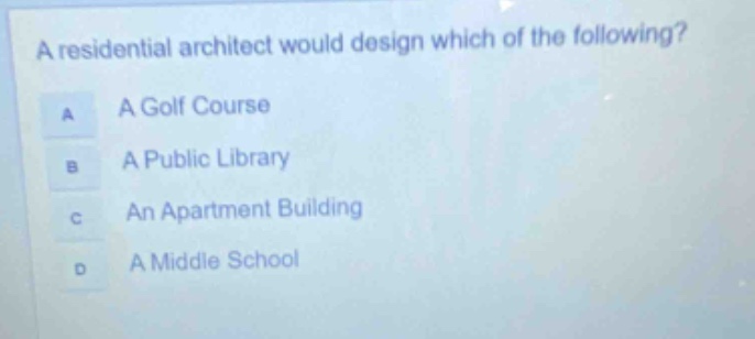 a residential architect would design which of the following?\na a golf course\nb a public library\nc an apartment building\nd a middle school
