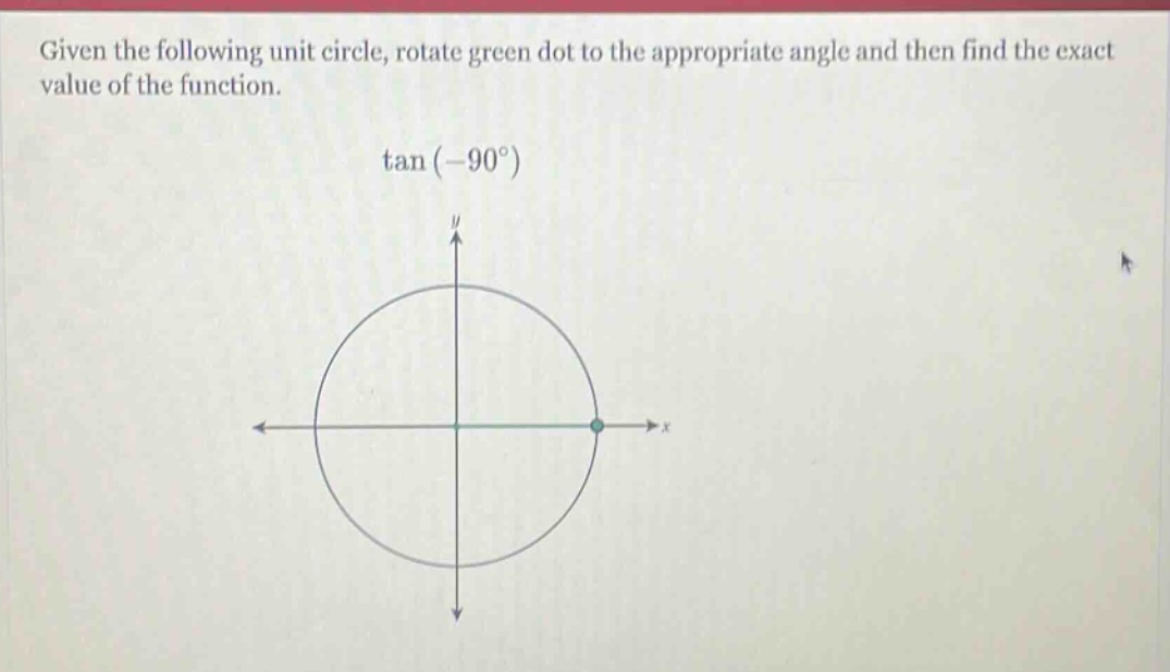 given the following unit circle, rotate green dot to the appropriate angle and then find the exact value of the function. tan(-90°)