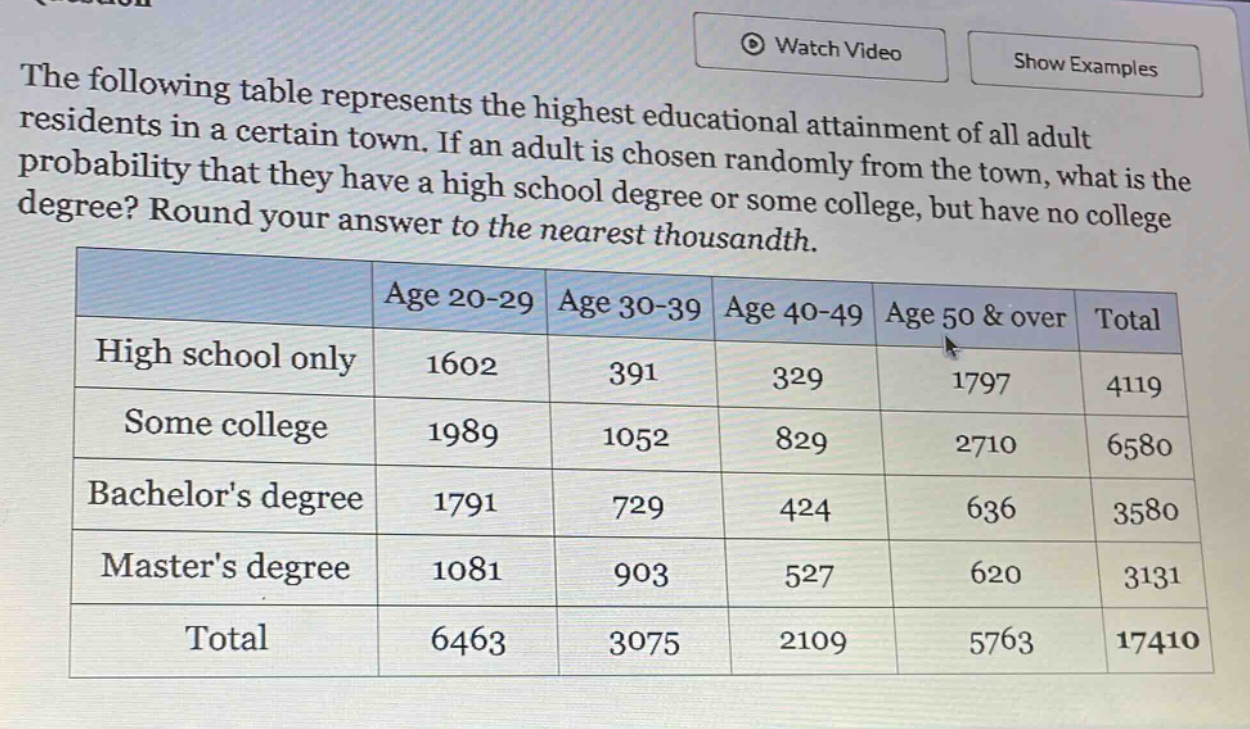 the following table represents the highest educational attainment of all adult residents in a certain town. if an adult is chosen randomly from the town, what is the probability that they have a high school degree or some college, but have no college degree? round your answer to the nearest thousandth.\n| | age 20 - 29 | age 30 - 39 | age 40 - 49 | age 50 & over | total |\n|--|--|--|--|--|--|\n| high school only | 1602 | 391 | 329 | 1797 | 4119 |\n| some college | 1989 | 1052 | 829 | 2710 | 6580 |\n| bachelors degree | 1791 | 729 | 424 | 636 | 3580 |\n| masters degree | 1081 | 903 | 527 | 620 | 3131 |\n| total | 6463 | 3075 | 2109 | 5763 | 17410 |