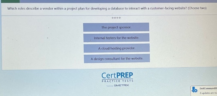 which roles describe a vendor within a project plan for developing a database to interact with a customer - facing website? (choose two)\nthe project sponsor.\ninternal testers for the website.\na cloud hosting provider.\na design consultant for the website.