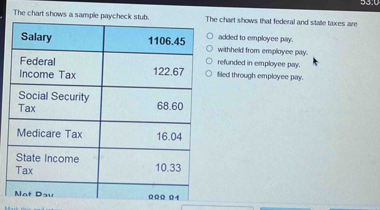 the chart shows a sample paycheck stub. the chart shows that federal and state taxes are added to employee pay. withheld from employee pay. refunded in employee pay. filed through employee pay. salary 1106.45 federal income tax 122.67 social security tax 68.60 medicare tax 16.04 state income tax 10.33 net pay 888.81