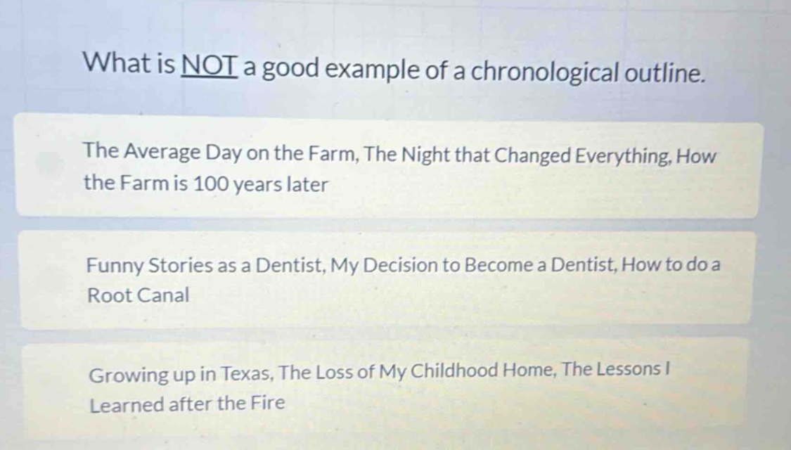 what is not a good example of a chronological outline.\nthe average day on the farm, the night that changed everything, how the farm is 100 years later\nfunny stories as a dentist, my decision to become a dentist, how to do a root canal\ngrowing up in texas, the loss of my childhood home, the lessons i learned after the fire