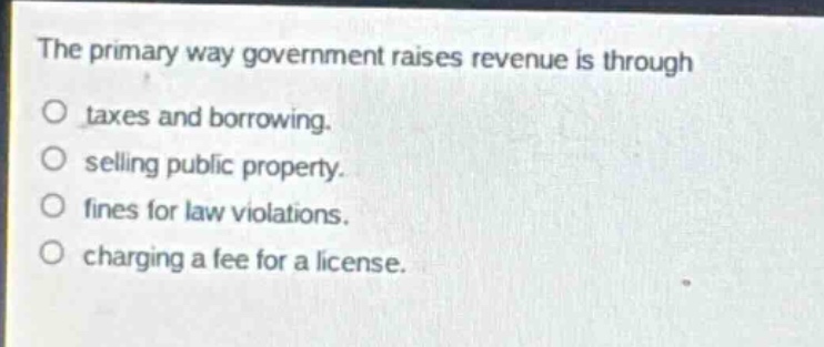the primary way government raises revenue is through\no taxes and borrowing.\no selling public property.\no fines for law violations.\no charging a fee for a license.