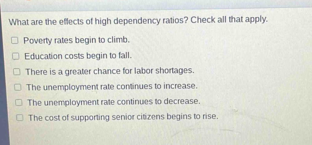 what are the effects of high dependency ratios? check all that apply.\n□ poverty rates begin to climb.\n□ education costs begin to fall.\n□ there is a greater chance for labor shortages.\n□ the unemployment rate continues to increase.\n□ the unemployment rate continues to decrease.\n□ the cost of supporting senior citizens begins to rise.