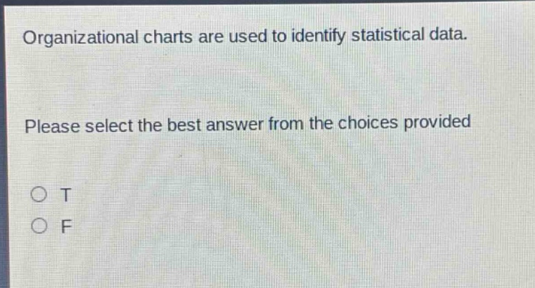organizational charts are used to identify statistical data. please select the best answer from the choices provided. o t o f