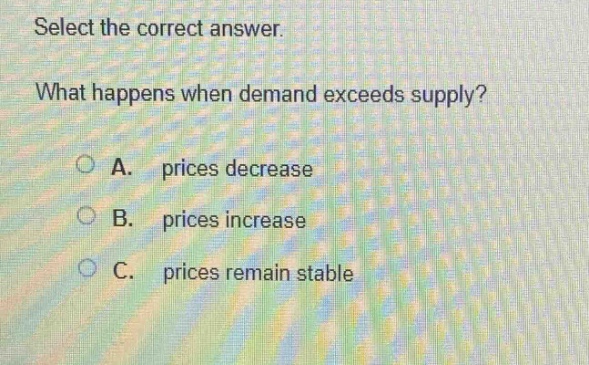 select the correct answer. what happens when demand exceeds supply? a. prices decrease b. prices increase c. prices remain stable