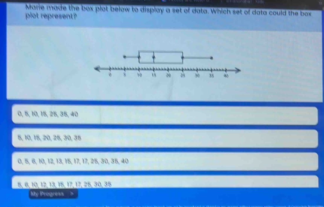marie made the box plot below to display a set of data. which set of data could the box plot represent? 0, 5, 10, 15, 25, 35, 40 5, 10, 15, 20, 25, 30, 35 0, 5, 6, 10, 12, 13, 15, 17, 17, 25, 30, 35, 40 5, 6, 10, 12, 13, 15, 17, 17, 25, 30, 35