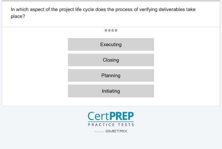 in which aspect of the project life cycle does the process of verifying deliverables take place?\nexecuting\nclosing\nplanning\ninitiating