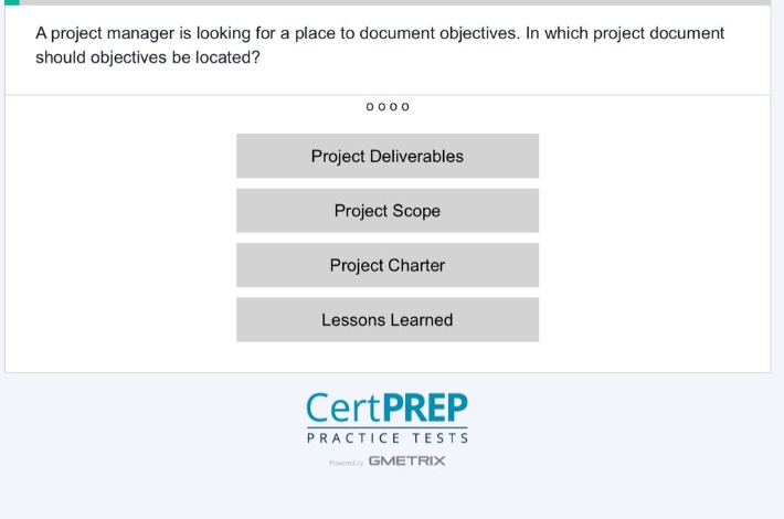 a project manager is looking for a place to document objectives. in which project document should objectives be located?\nproject deliverables\nproject scope\nproject charter\nlessons learned