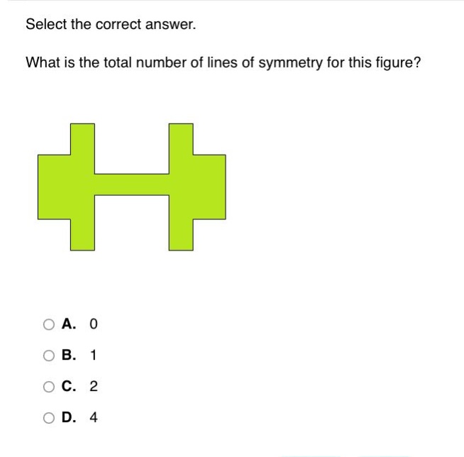 select the correct answer. what is the total number of lines of symmetry for this figure?
