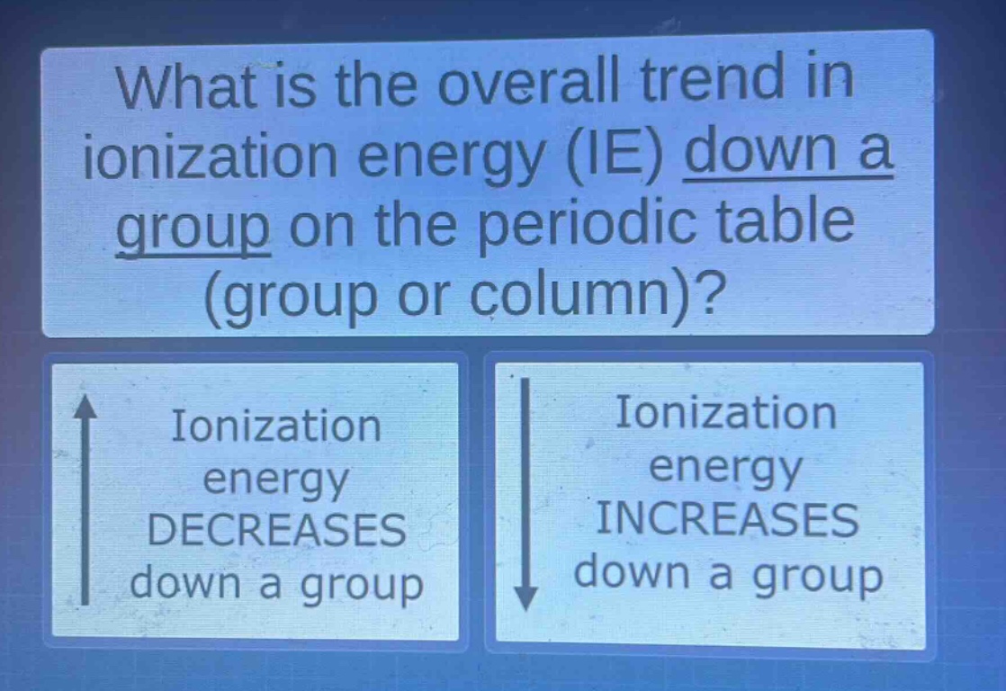 what is the overall trend in ionization energy (ie) down a group on the periodic table (group or column)? ionization energy decreases down a group ionization energy increases down a group