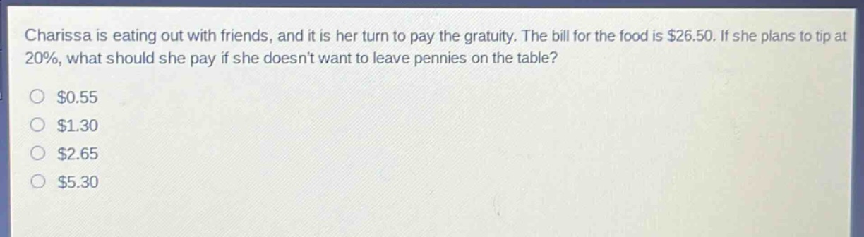 charissa is eating out with friends, and it is her turn to pay the gratuity. the bill for the food is $26.50. if she plans to tip at 20%, what should she pay if she doesnt want to leave pennies on the table?\n$0.55\n$1.30\n$2.65\n$5.30