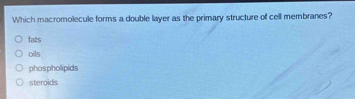which macromolecule forms a double layer as the primary structure of cell membranes?\n○ fats\n○ oils\n○ phospholipids\n○ steroids