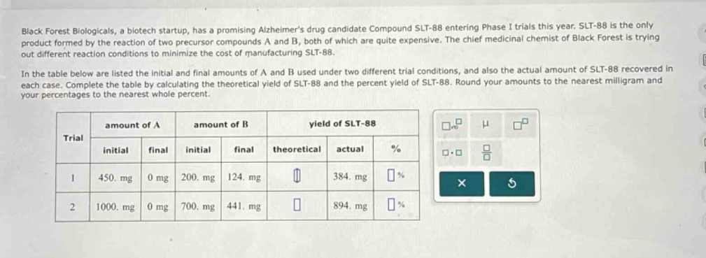 black forest biologicals, a biotech startup, has a promising alzheimers drug candidate compound slt - 88 entering phase i trials this year. slt - 88 is the only product formed by the reaction of two precursor compounds a and b, both of which are quite expensive. the chief medicinal chemist of black forest is trying out different reaction conditions to minimize the cost of manufacturing slt - 88.\nin the table below are listed the initial and final amounts of a and b used under two different trial conditions, and also the actual amount of slt - 88 recovered in each case. complete the table by calculating the theoretical yield of slt - 88 and the percent yield of slt - 88. round your amounts to the nearest milligram and your percentages to the nearest whole percent.\n| trial | amount of a | amount of b | yield of slt - 88 |\n| ---- | ---- | ---- | ---- |\n| | initial | final | initial | final | theoretical | actual | % |\n| 1 | 450. mg | 0 mg | 200. mg | 124. mg | | 384. mg | |\n| 2 | 1000. mg | 0 mg | 700. mg | 441. mg | | 894. mg | |