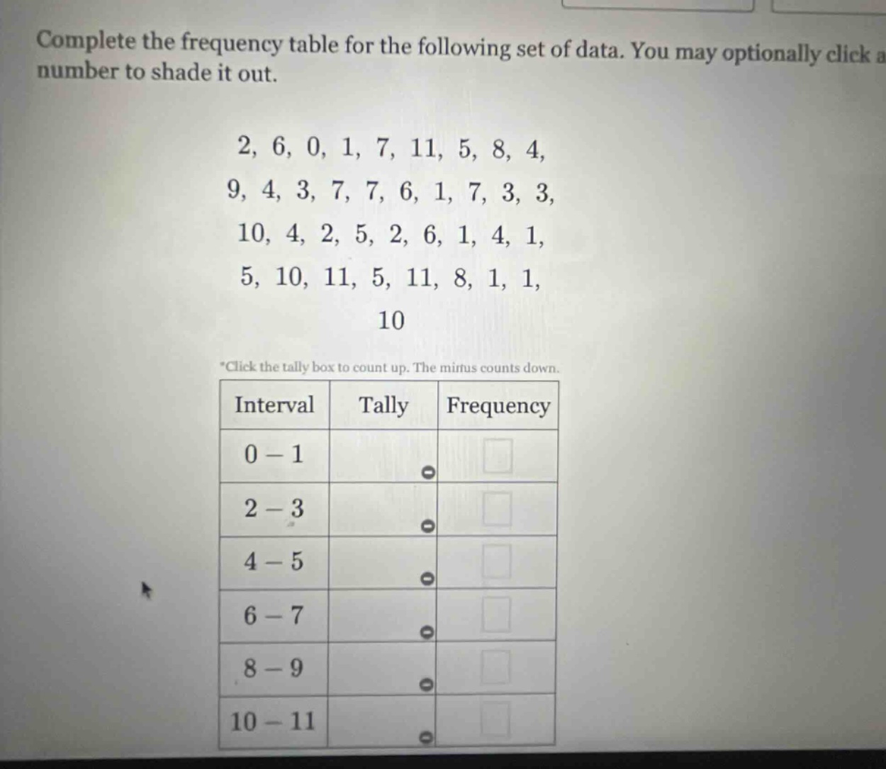 complete the frequency table for the following set of data. you may optionally click a number to shade it out.\n2, 6, 0, 1, 7, 11, 5, 8, 4,\n9, 4, 3, 7, 7, 6, 1, 7, 3, 3,\n10, 4, 2, 5, 2, 6, 1, 4, 1,\n5, 10, 11, 5, 11, 8, 1, 1,\n10\n*click the tally box to count up. the minus counts down.\n|interval|tally|frequency|\n|----|----|----|\n|0 - 1| | |\n|2 - 3| | |\n|4 - 5| | |\n|6 - 7| | |\n|8 - 9| | |\n|10 - 11| | |