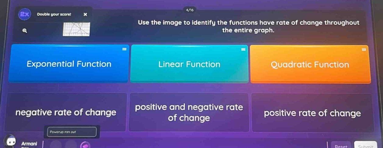 use the image to identify the functions have rate of change throughout the entire graph. exponential function linear function quadratic function negative rate of change positive and negative rate of change positive rate of change