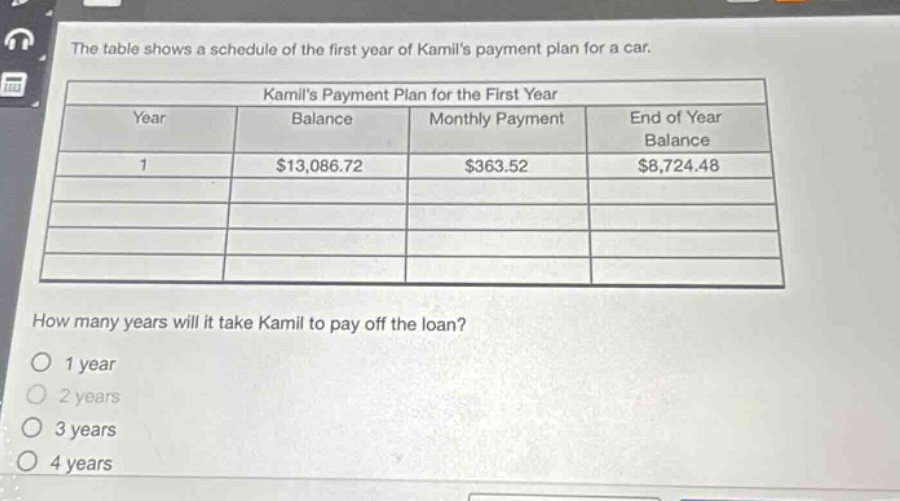 the table shows a schedule of the first year of kamils payment plan for a car.\n\nkamils payment plan for the first year\n| year | balance | monthly payment | end of year balance |\n| ---- | ---- | ---- | ---- |\n| 1 | $13,086.72 | $363.52 | $8,724.48 |\n\nhow many years will it take kamil to pay off the loan?\no 1 year\no 2 years\no 3 years\no 4 years