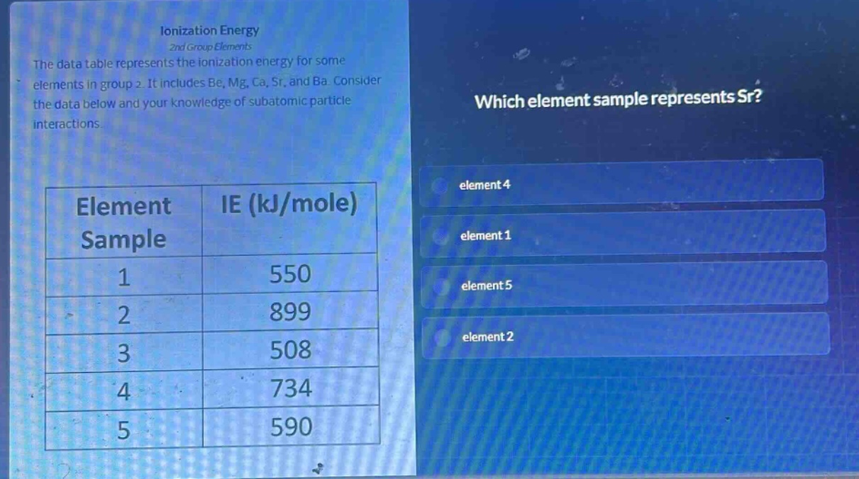 ionization energy\n2nd group elements\nthe data table represents the ionization energy for some elements in group 2. it includes be, mg, ca, sr, and ba. consider the data below and your knowledge of subatomic particle interactions\nwhich element sample represents sr?\nelement sample\tie (kj/mole)\n1\t550\n2\t899\n3\t508\n4\t734\n5\t590