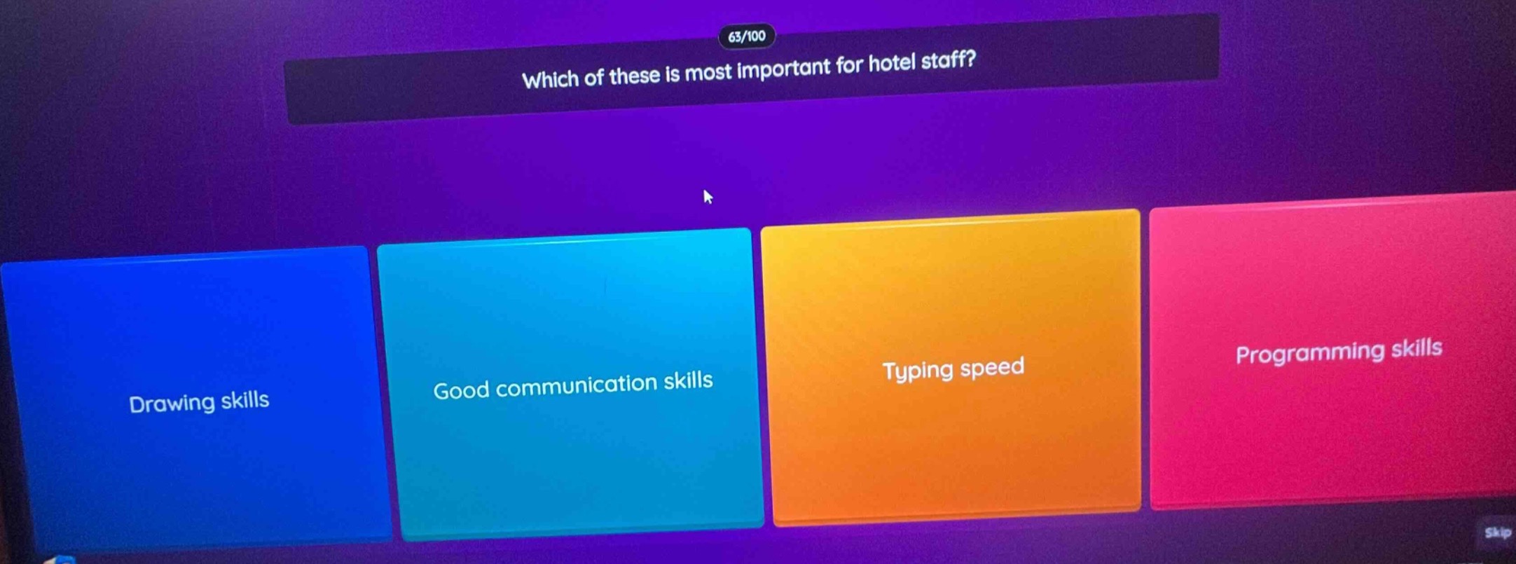 which of these is most important for hotel staff? drawing skills good communication skills typing speed programming skills
