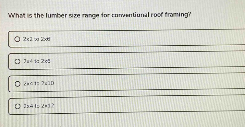what is the lumber size range for conventional roof framing?\n2x2 to 2x6\n2x4 to 2x6\n2x4 to 2x10\n2x4 to 2x12
