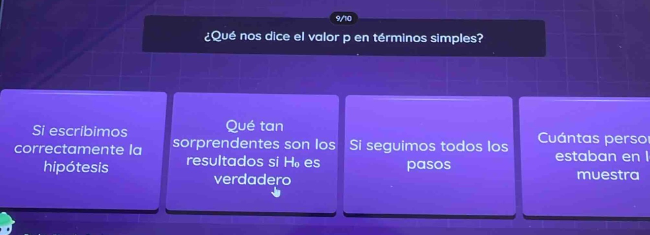 ¿qué nos dice el valor p en términos simples? si escribimos correctamente la hipótesis ¿qué tan sorprendentes son los resultados si h₀ es verdadero? si seguimos todos los pasos cuántas personas estaban en la muestra