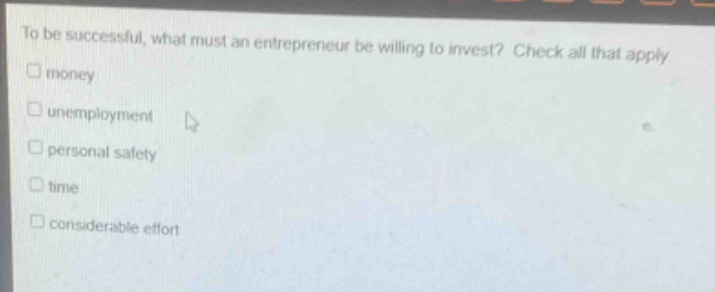 to be successful, what must an entrepreneur be willing to invest? check all that apply\n□ money\n□ unemployment\n□ personal safety\n□ time\n□ considerable effort