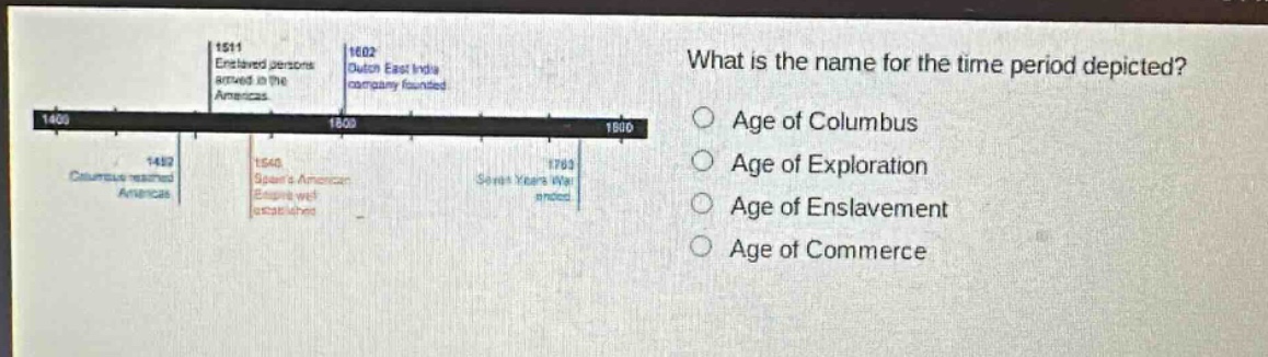 what is the name for the time period depicted?\nage of columbus\nage of exploration\nage of enslavement\nage of commerce
