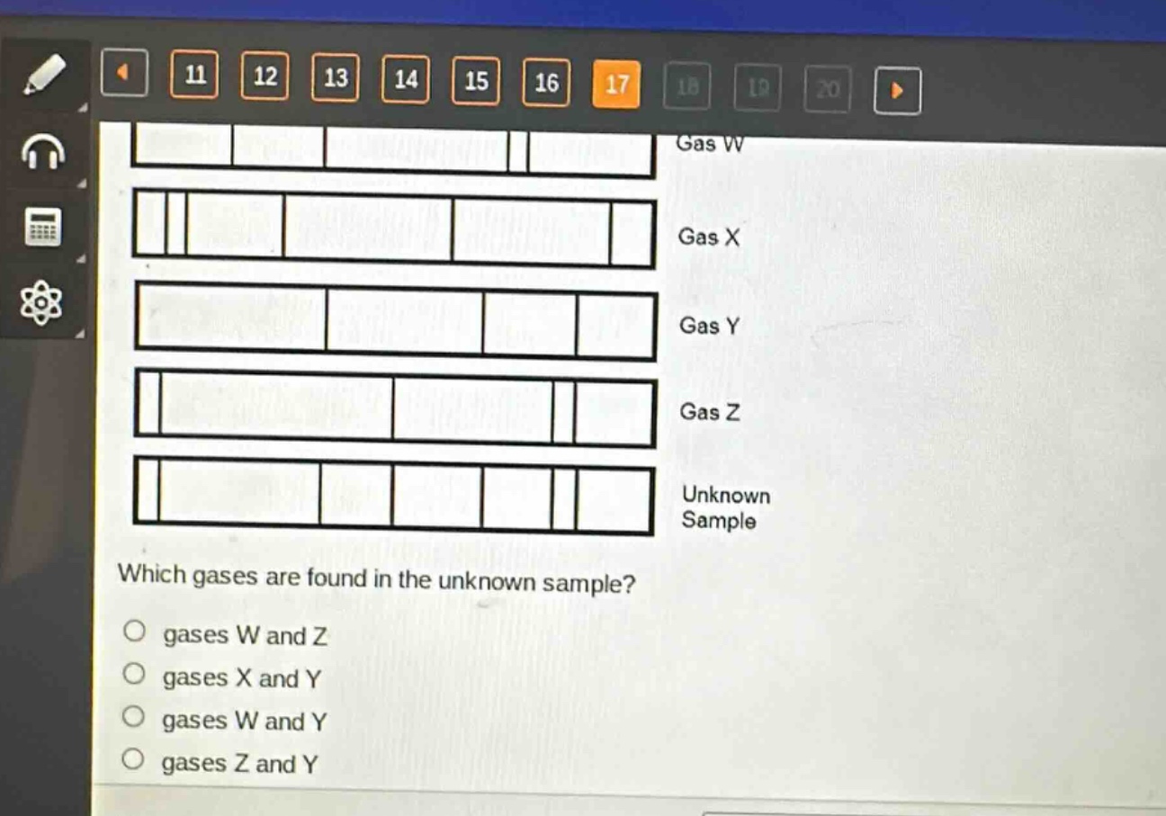 which gases are found in the unknown sample?\no gases w and z\no gases x and y\no gases w and y\no gases z and y