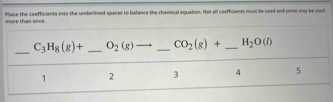 place the coefficients into the underlined spaces to balance the chemical equation. not all coefficients must be used and some may be used more than once.\n_ c₃h₈(g)+ _ o₂(g)→ _ co₂(g) + _ h₂o(l)\n1 2 3 4 5
