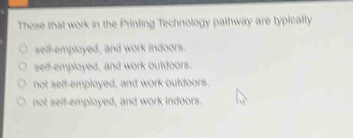 those that work in the printing technology pathway are typically\nself - employed, and work indoors.\nself - employed, and work outdoors.\nnot self - employed, and work outdoors.\nnot self - employed, and work indoors.