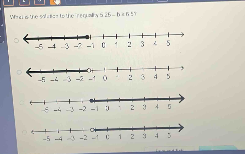 what is the solution to the inequality 5.25 - b ≥ 6.5?