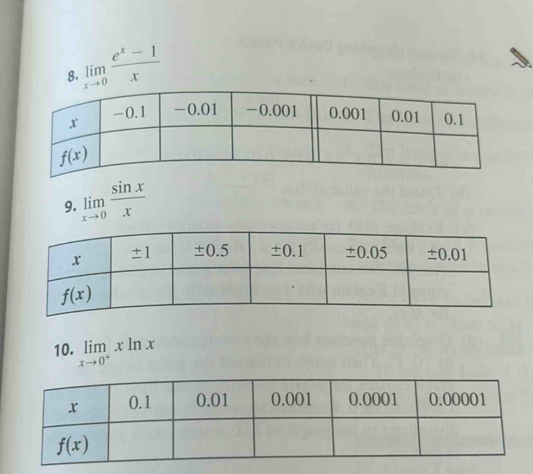8. $lim_{x\rightarrow0}\frac{e^{x}-1}{x}$\n|$x$|$-0.1$|$-0.01$|$-0.001$|$0.001$|$0.01$|$0.1$|\n|$f(x)$| | | | | | |\n9. $lim_{x\rightarrow0}\frac{sin x}{x}$\n|$x$|$pm1$|$pm0.5$|$pm0.1$|$pm0.05$|$pm0.01$|\n|$f(x)$| | | | | |\n10. $lim_{x\rightarrow0^{+}}xln x$\n|$x$|$0.1$|$0.01$|$0.001$|$0.0001$|$0.00001$|\n|$f(x)$| | | | | |