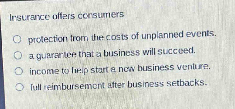 insurance offers consumers\nprotection from the costs of unplanned events.\na guarantee that a business will succeed.\nincome to help start a new business venture.\nfull reimbursement after business setbacks.