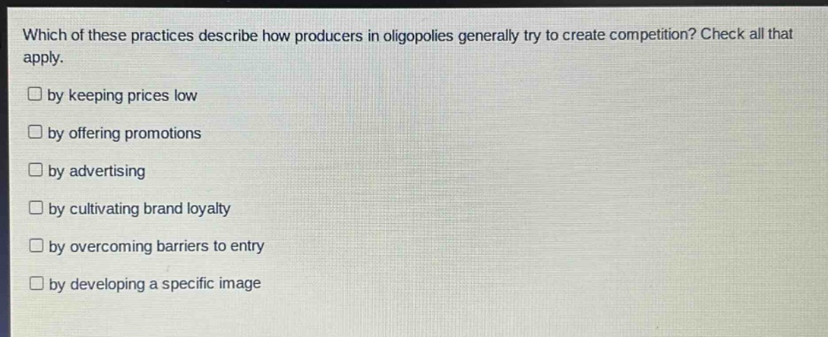 which of these practices describe how producers in oligopolies generally try to create competition? check all that apply.\nby keeping prices low\nby offering promotions\nby advertising\nby cultivating brand loyalty\nby overcoming barriers to entry\nby developing a specific image
