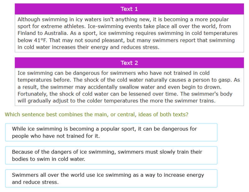 although swimming in icy waters isnt anything new, it is becoming a more popular sport for extreme athletes. ice - swimming events take place all over the world, from finland to australia. as a sport, ice swimming requires swimming in cold temperatures below 41°f. that may not sound pleasant, but many swimmers report that swimming in cold water increases their energy and reduces stress.\nice swimming can be dangerous for swimmers who have not trained in cold temperatures before. the shock of the cold water naturally causes a person to gasp. as a result, the swimmer may accidentally swallow water and even begin to drown. fortunately, the shock of cold water can be lessened over time. the swimmers body will gradually adjust to the colder temperatures the more the swimmer trains.\nwhich sentence best combines the main, or central, ideas of both texts?\nwhile ice swimming is becoming a popular sport, it can be dangerous for people who have not trained for it.\nbecause of the dangers of ice swimming, swimmers must slowly train their bodies to swim in cold water.\nswimmers all over the world use ice swimming as a way to increase energy and reduce stress.