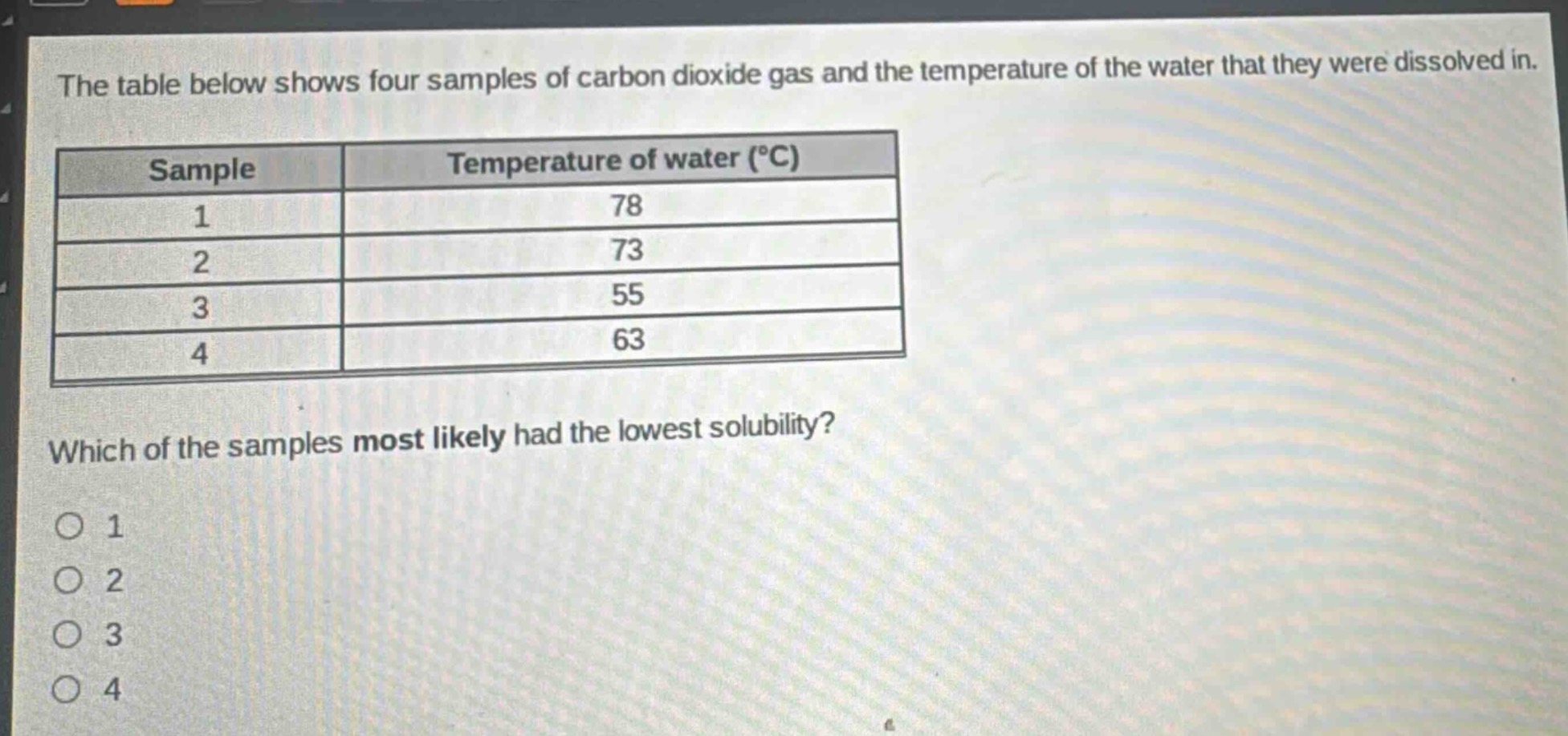 the table below shows four samples of carbon dioxide gas and the temperature of the water that they were dissolved in.\n| sample | temperature of water (°c) |\n| ---- | ---- |\n| 1 | 78 |\n| 2 | 73 |\n| 3 | 55 |\n| 4 | 63 |\nwhich of the samples most likely had the lowest solubility?\no 1\no 2\no 3\no 4