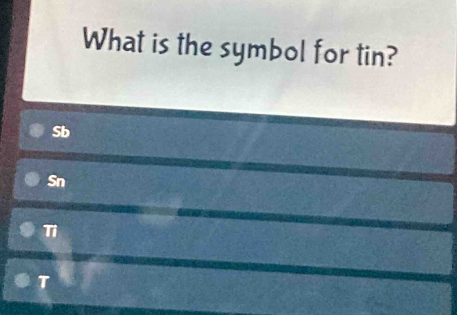 what is the symbol for tin?\nsb\nsn\nti\nt