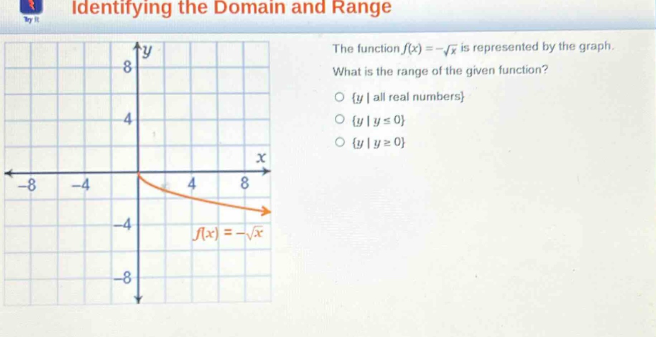 identifying the domain and range\nthe function $f(x)=-sqrt{x}$ is represented by the graph.\nwhat is the range of the given function?\n{y | all real numbers}\n{y | y ≤ 0}\n{y | y ≥ 0}