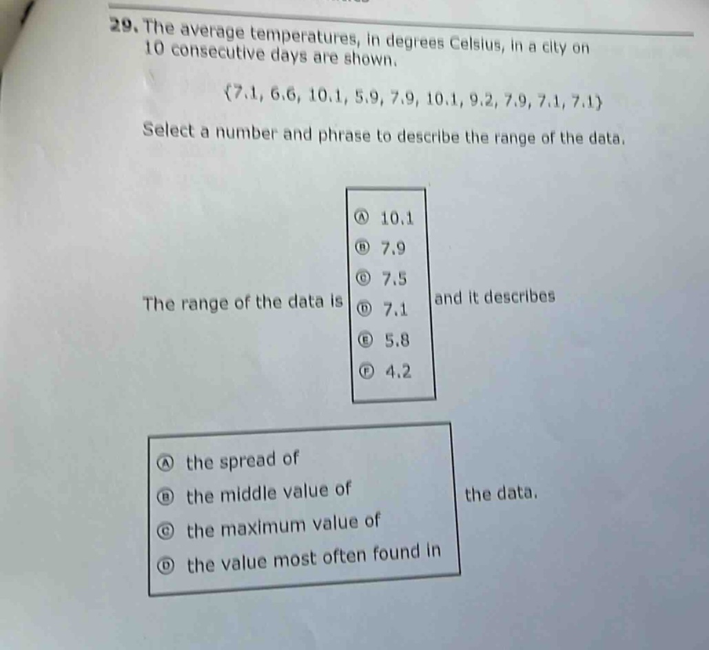 29. the average temperatures, in degrees celsius, in a city on 10 consecutive days are shown. {7.1, 6.6, 10.1, 5.9, 7.9, 10.1, 9.2, 7.9, 7.1, 7.1} select a number and phrase to describe the range of the data. the range of the data is and it describes a 10.1 b 7.9 c 7.5 d 7.1 e 5.8 f 4.2 a the spread of b the middle value of c the maximum value of d the value most often found in the data.