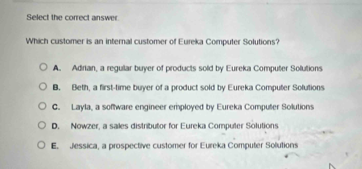 select the correct answer. which customer is an internal customer of eureka computer solutions? a. adrian, a regular buyer of products sold by eureka computer solutions b. beth, a first - time buyer of a product sold by eureka computer solutions c. layla, a software engineer employed by eureka computer solutions d. nowzer, a sales distributor for eureka computer solutions e. jessica, a prospective customer for eureka computer solutions