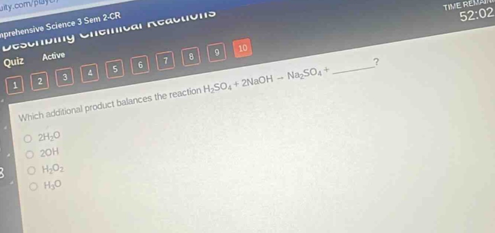 which additional product balances the reaction h₂so₄ + 2naoh → na₂so₄ + ____?\n2h₂o\n2oh\nh₂o₂\nh₃o