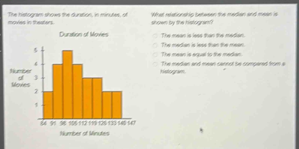 the histogram shows the duration, in minutes, of movies in theaters. what relationship between the median and mean is shown by the histogram? duration of movies the mean is less than the median. the median is less than the mean. the mean is equal to the median. the median and mean cannot be compared from a histogram. number of movies 84 91 98 105 112 119 126 133 140 147 number of minutes