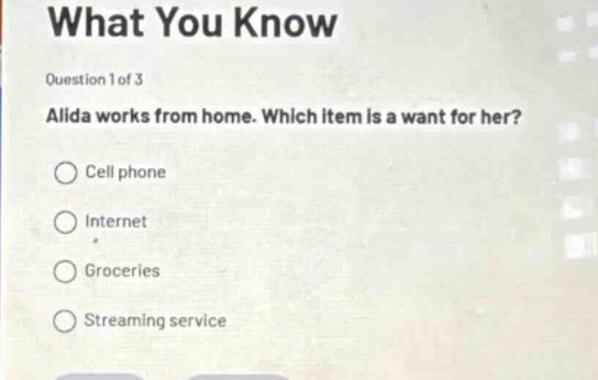 what you know\nquestion 1 of 3\nalida works from home. which item is a want for her?\ncell phone\ninternet\ngroceries\nstreaming service