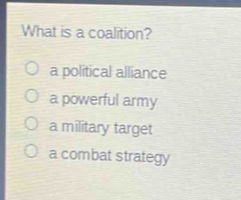 what is a coalition?\no a political alliance\no a powerful army\no a military target\no a combat strategy