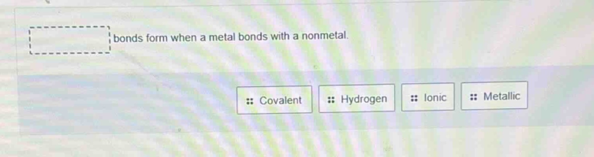 bonds form when a metal bonds with a nonmetal. covalent hydrogen ionic metallic