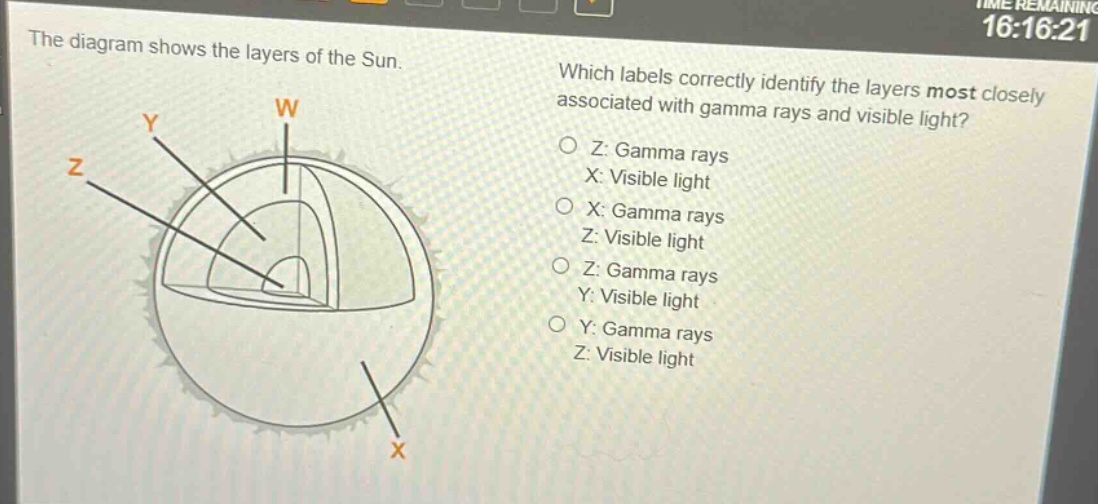 the diagram shows the layers of the sun. which labels correctly identify the layers most closely associated with gamma rays and visible light? o z: gamma rays x: visible light o x: gamma rays z: visible light o z: gamma rays y: visible light o y: gamma rays z: visible light